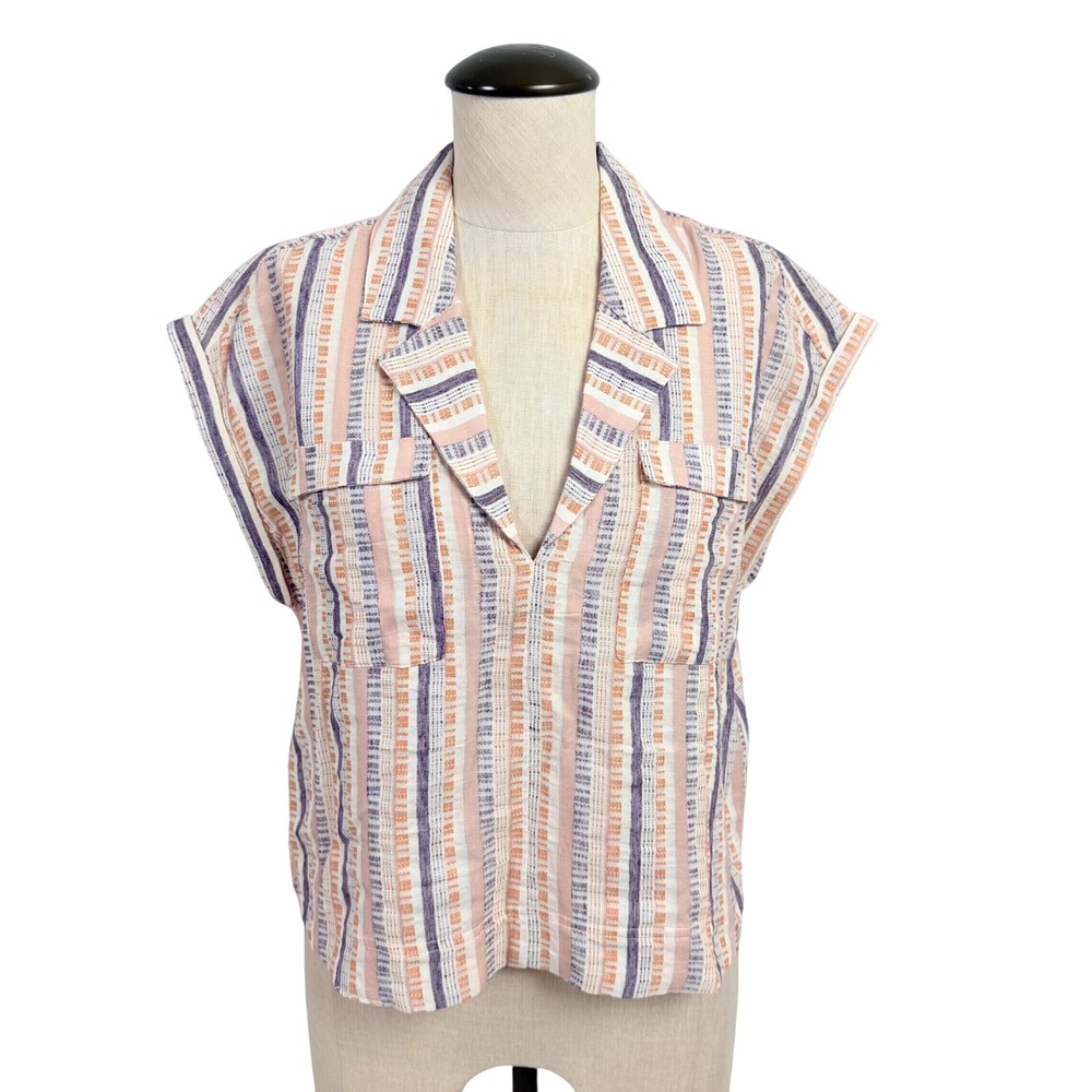 Anthropologie Striped Short Sleeve Woven Top Orange Purple Small